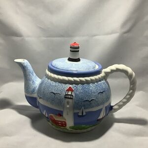 Lighthouse Themed Blue and White Teapot